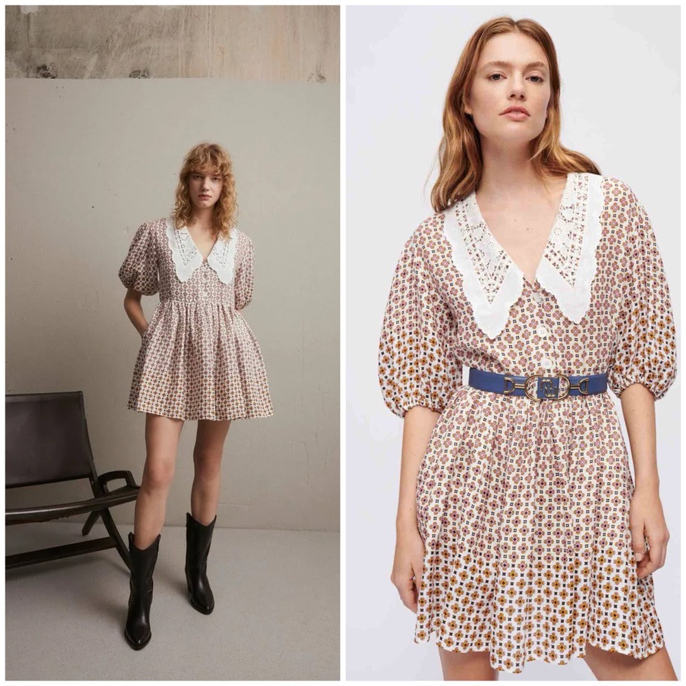 Maje Mini Dress with White Pointed Collar and Brown Floral Print